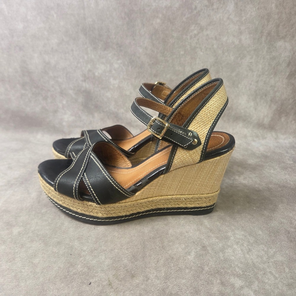 Clarks Blk Leather Espadrille Wedge Sandals Raffia Platform Ankle Strap W- 7.5